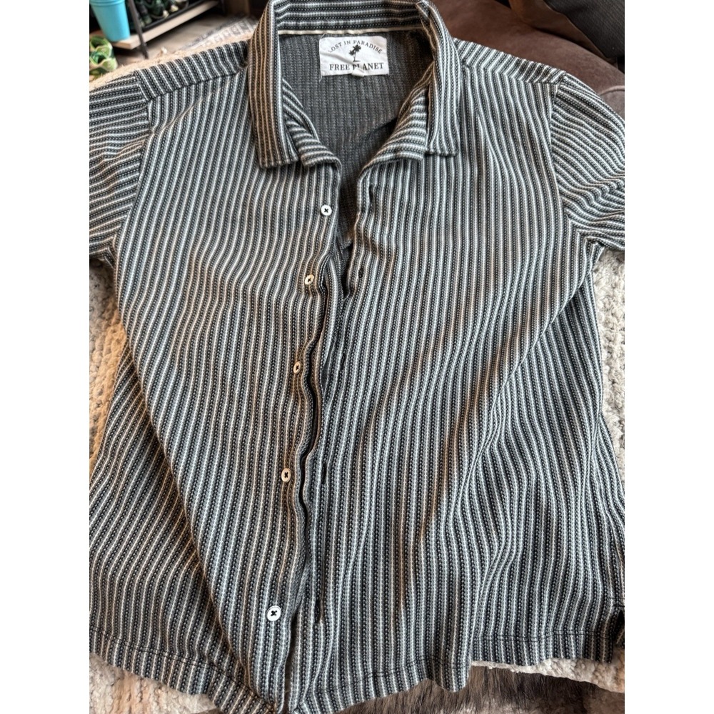 Free Planet Lost In Paradise Men's L Stripe Button Down Short Sleeve Shirt